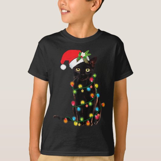 Black Cat Santa Tangled Up In Christmas Lights  T-shirt (Voorkant)