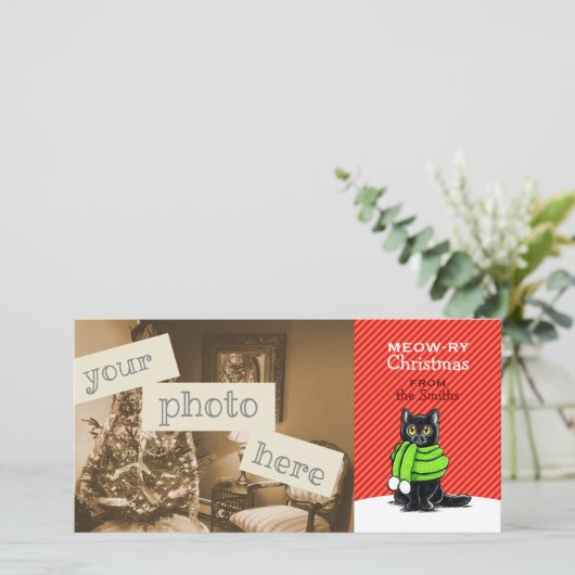 Black Cat Scarf-kerstrode streep Feestdagenkaart (Staand voorkant)