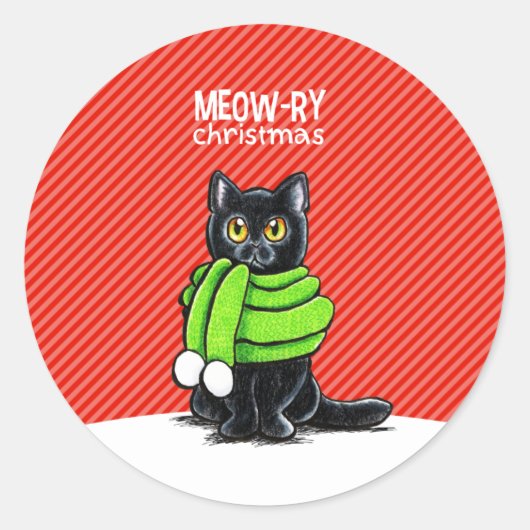Black Cat Scarf Meow-ry Kerstmis Ronde Sticker (Voorkant)