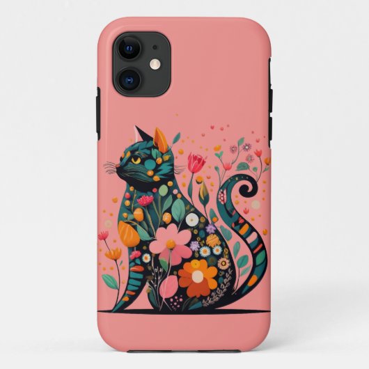 Black Cat silhouet gemaakt van kleurrijke bloemen Case-Mate iPhone Case (Achterkant)