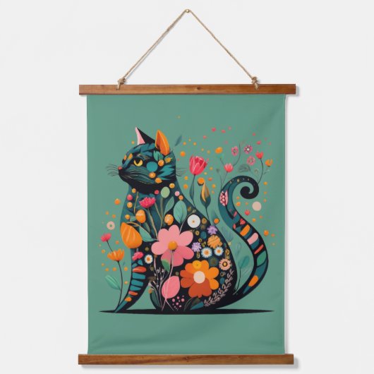 Black Cat silhouet gemaakt van kleurrijke bloemen Hangend Wandkleed (Voorkant)