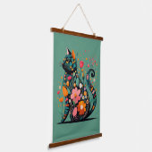 Black Cat silhouet gemaakt van kleurrijke bloemen Hangend Wandkleed (Gebogen)