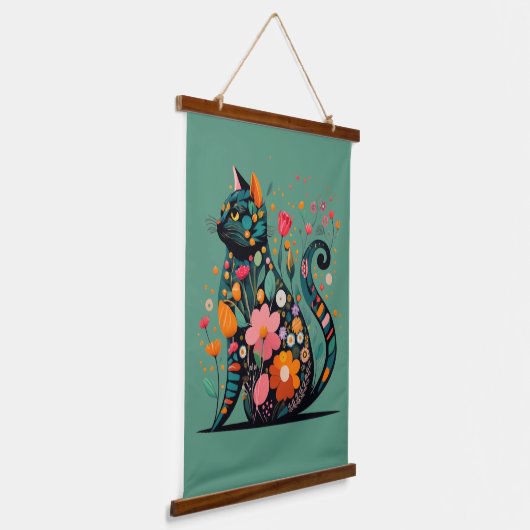 Black Cat silhouet gemaakt van kleurrijke bloemen Hangend Wandkleed (Gebogen)