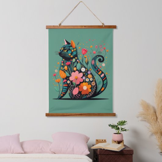 Black Cat silhouet gemaakt van kleurrijke bloemen Hangend Wandkleed (Slaapkamer)