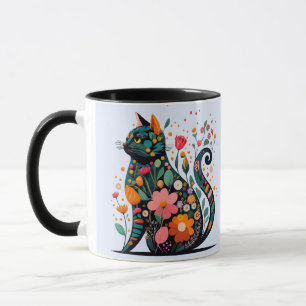 Black Cat silhouet gemaakt van kleurrijke bloemen Mok