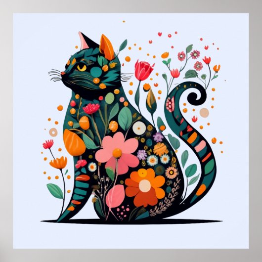 Black Cat silhouet gemaakt van kleurrijke bloemen Poster (Voorkant)