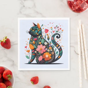 Black Cat silhouet gemaakt van kleurrijke bloemen Servet