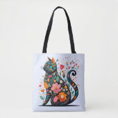 Black Cat silhouet gemaakt van kleurrijke bloemen Tote Bag (Voorkant)