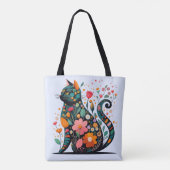 Black Cat silhouet gemaakt van kleurrijke bloemen Tote Bag (Achterkant)