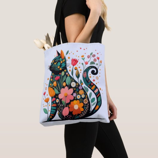 Black Cat silhouet gemaakt van kleurrijke bloemen Tote Bag (Dichtbij)