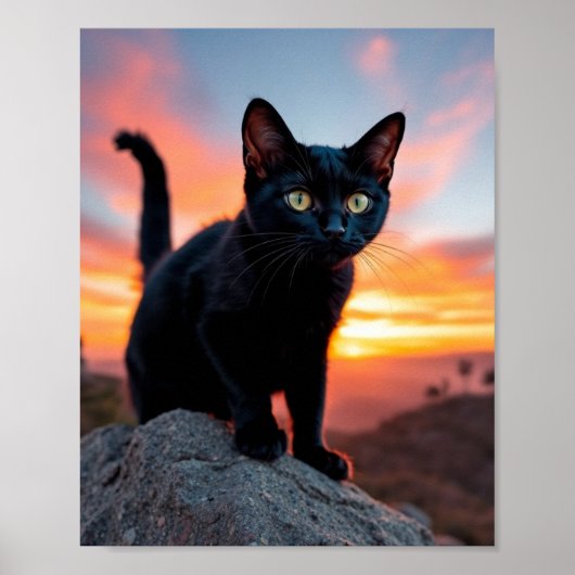 Black Cat Silhouette at Sunset Wall Art Poster (Voorkant)
