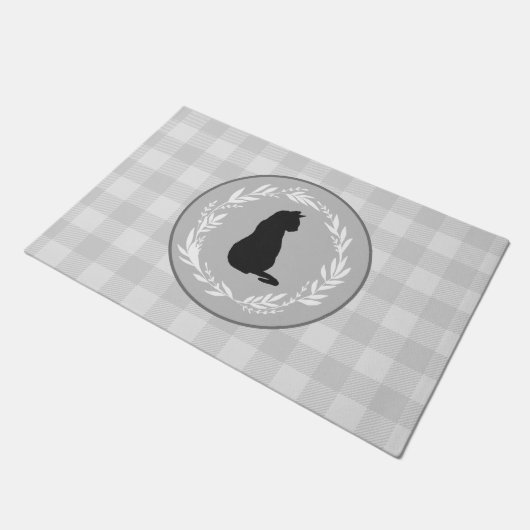 Black Cat Silhouette Buffalo Check Pattern Grey Deurmat (Schuin)