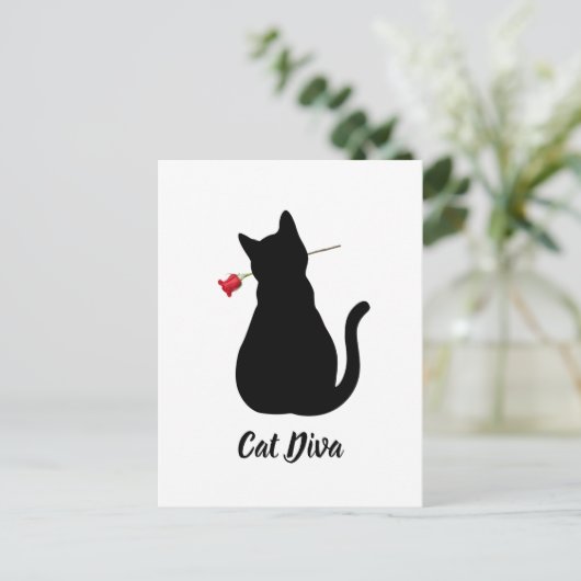 Black Cat Silhouette Diva Red Rose Pet Lover Fun Briefkaart (Staand voorkant)