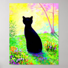 Black Cat Silhouette Flowers Creationarts Poster