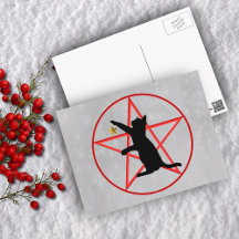 Black Cat Silhouette Gold Star Red Pentagram Grey