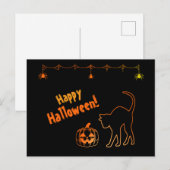 Black Cat Silhouette Neon Happy Halloween Briefkaart (Voorkant / Achterkant)