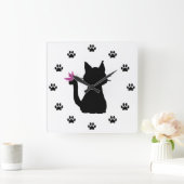 Black Cat Silhouette Pink Butterfly Grote Klok (Huis)