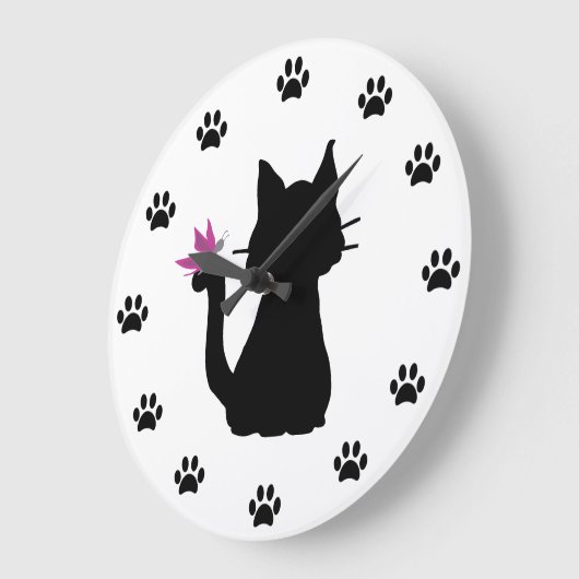 Black Cat Silhouette Pink Butterfly Grote Klok (Hoek)