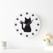 Black Cat Silhouette Pink Butterfly Grote Klok (Huis)