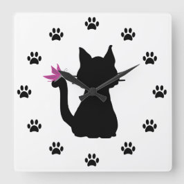 Black Cat Silhouette Pink Butterfly Grote Klok
