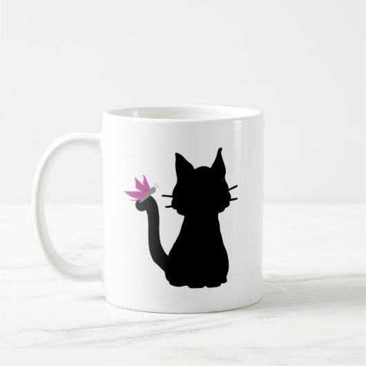 Black Cat Silhouette Pink Butterfly Koffiemok (Links)