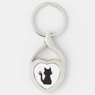 Black Cat Silhouette Pink Butterfly Sleutelhanger