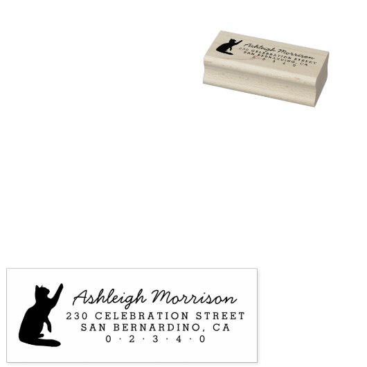 Black Cat Silhouette Script Naam Retouradres Rubberstempel (Gestempeld)