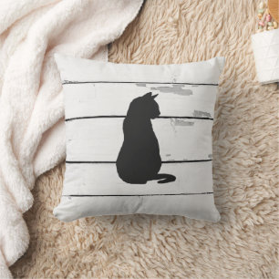 Black Cat Silhouette Shiplap Rustic Kussen