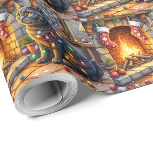 Black Cat Sitting Fireplace with Christmas Lights Cadeaupapier (Rol Hoek)