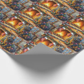 Black Cat Sitting Fireplace with Christmas Lights Cadeaupapier (Hoek)