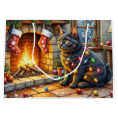 Black Cat Sitting Fireplace with Christmas Lights Groot Cadeauzakje (Voorkant)