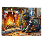 Black Cat Sitting Fireplace with Christmas Lights Groot Cadeauzakje (Achterkant)