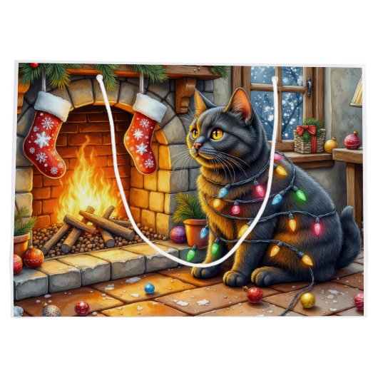 Black Cat Sitting Fireplace with Christmas Lights Groot Cadeauzakje (Achterkant)