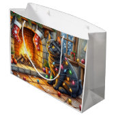 Black Cat Sitting Fireplace with Christmas Lights Groot Cadeauzakje (Achterkant Gekanteld)