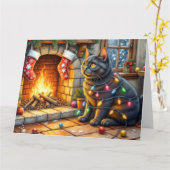 Black Cat Sitting Fireplace with Christmas Lights Kaart (Gele Bloem)