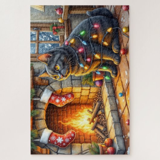 Black Cat Sitting Fireplace with Christmas Lights Legpuzzel (Verticaal)