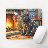 Black Cat Sitting Fireplace with Christmas Lights Muismat (Met muis)