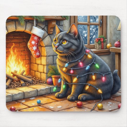 Black Cat Sitting Fireplace with Christmas Lights Muismat (Voorkant)