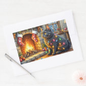 Black Cat Sitting Fireplace with Christmas Lights Rechthoekige Sticker (Envelop)