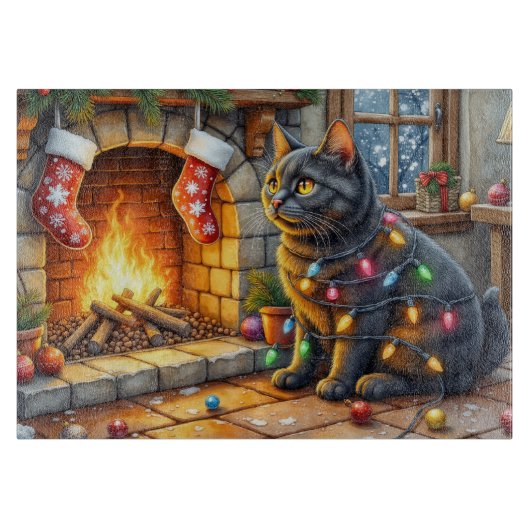 Black Cat Sitting Fireplace with Christmas Lights Snijplank (Voorkant)