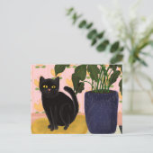 Black Cat Sitting  in roze Briefkaart (Staand voorkant)