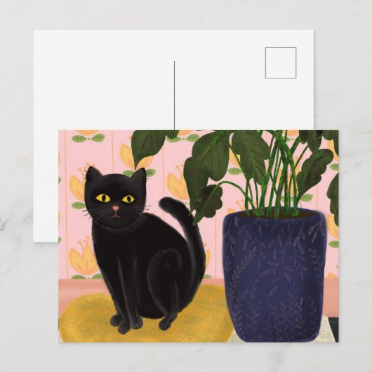 Black Cat Sitting  in roze Briefkaart (Voorkant / Achterkant)