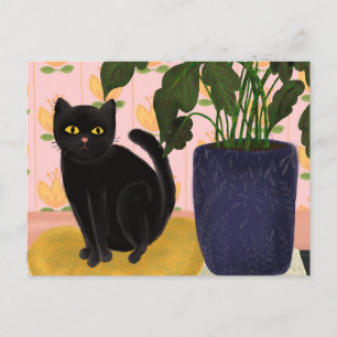 Black Cat Sitting  in roze Briefkaart