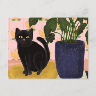 Black Cat Sitting in roze Briefkaart