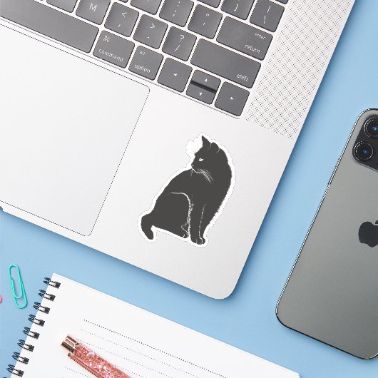 Black Cat Sitting Sticker (Laptop met iPhone)