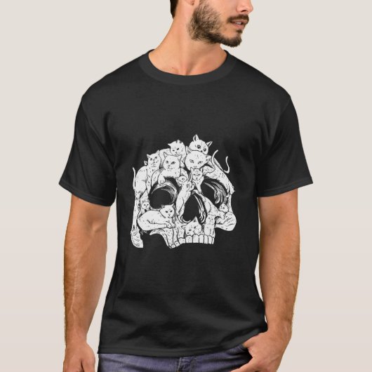 Black Cat Skull Kitty Skeleton Scary Halloween T-shirt (Voorkant)