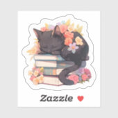Black Cat Sleeping on Books Sticker, Spring Flowe Sticker (Vel)