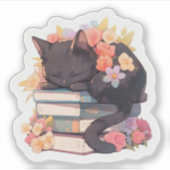 Black Cat Sleeping on Books Sticker, Spring Flowe Sticker (Voorkant)