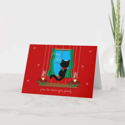 Black Cat Snowy Window Merry Christmas Card Feestdagen Kaart (Voorkant)