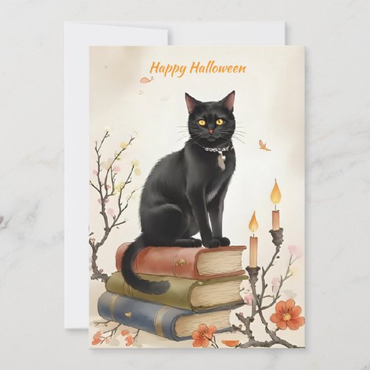 Black Cat & Spell Books Watercolor Halloween Feestdagenkaart (Voorkant)